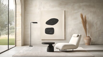 Elegant, minimalist living room with abstract art and a modern chair