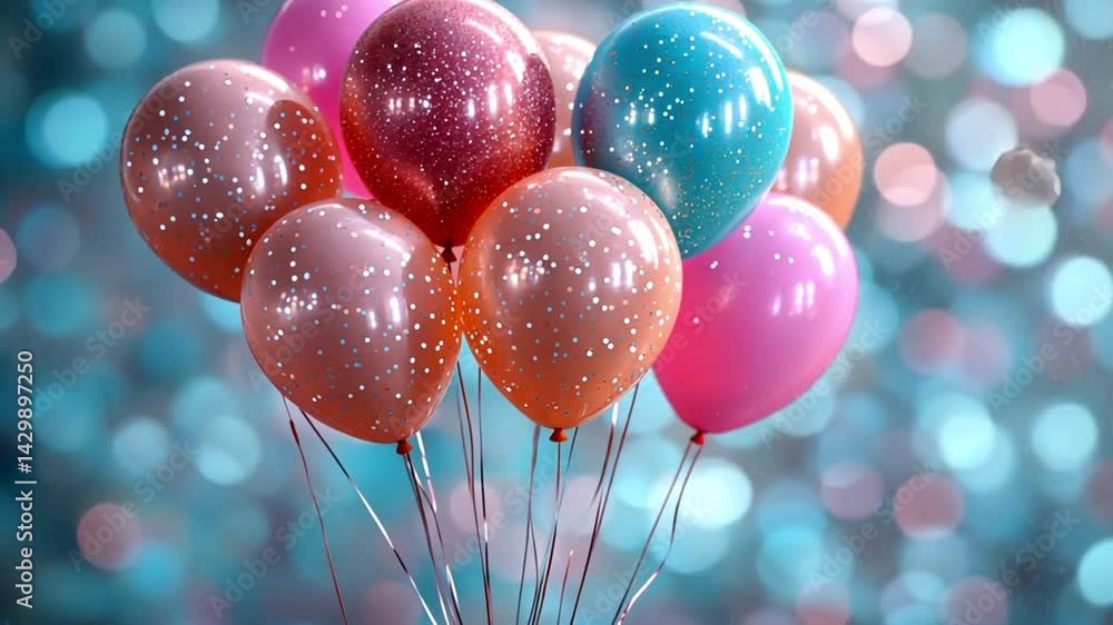 Poster colorful balloons in a festive atmosphere with sparkling background and soft bokeh effect