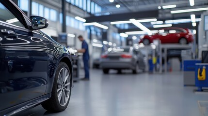 Obraz premium Modern Car Service Bay with Technicians Working in a Bright Garage Environment