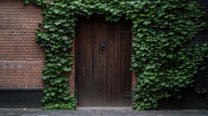 Mysterious Old Door Surrounded by Lush Ivy in a Vintage Brick Alleyway