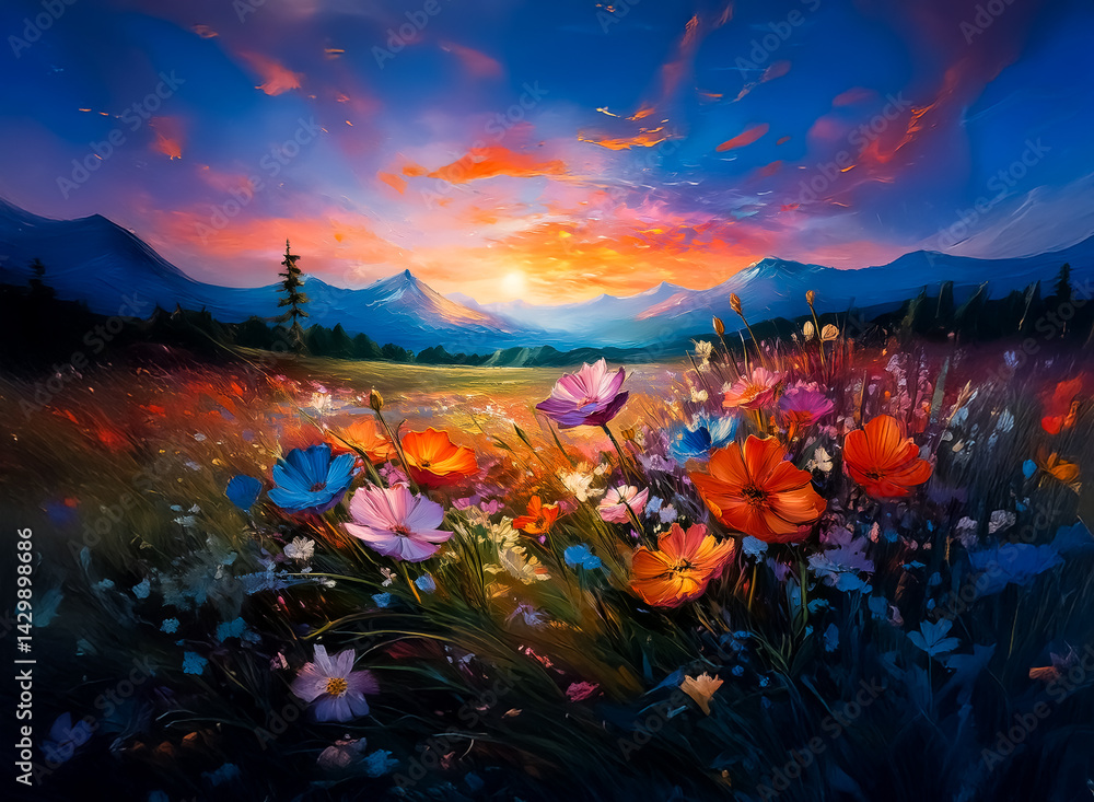 Poster vibrant meadow in bloom under a sunset sky, mountain range in the distance, a single pine tree. hint