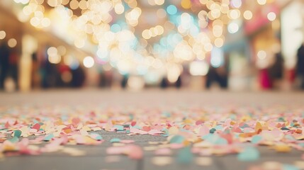 Colorful confetti scattered across the ground creates a vibrant atmosphere filled with twinkling lights as people enjoy the celebration