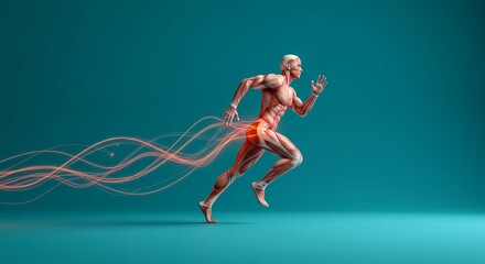 Obraz premium Powerful Athletic Figure Running Against Cyan Background With Red Orange Heat Map Visualizations