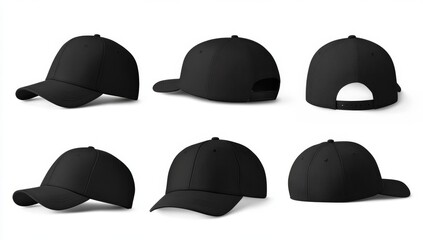 Six black baseball caps, various angles