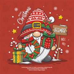 Cute Gnome Santa Claus With Gift Box On Red Background. Cartoon Illustration