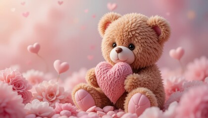 Fototapeta premium Teddy Bear Holding Heart in Pink Flower Field for Valentine's Day