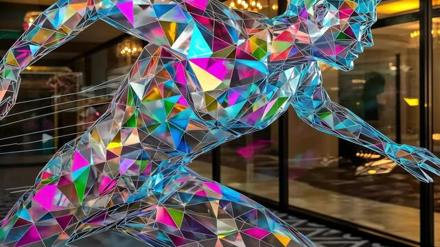 Colorful geometric sculpture of a runner in a modern indoor space with blurred background elements
