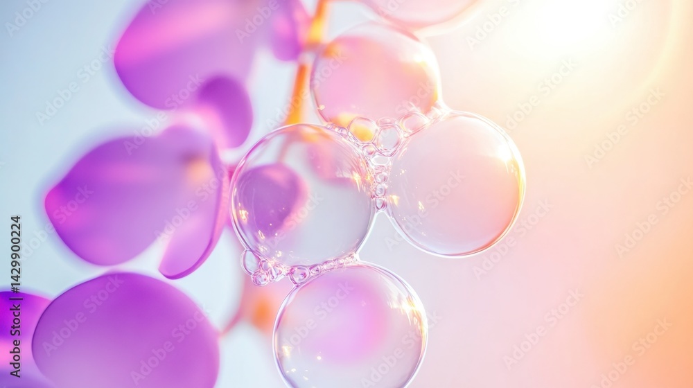 Poster bubbles gently rest on a cluster of purple flower petals, illuminated by soft sunlight, creating a s