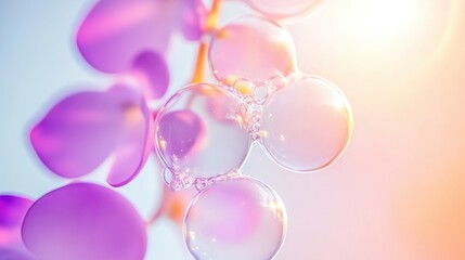 Bubbles gently rest on a cluster of purple flower petals, illuminated by soft sunlight, creating a serene and delicate atmosphere