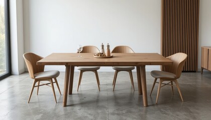 Modern Minimalist Dining Set: Oak Wood Table and Chairs in a Bright Room