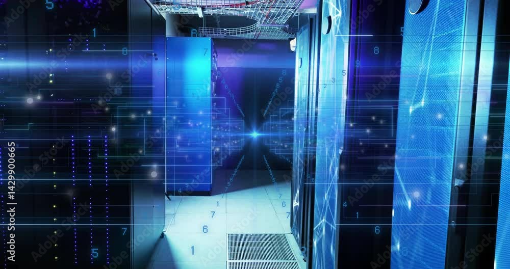 Aufkleber data center corridor being visualized in 3d render, with glowing server racks and digital overlays