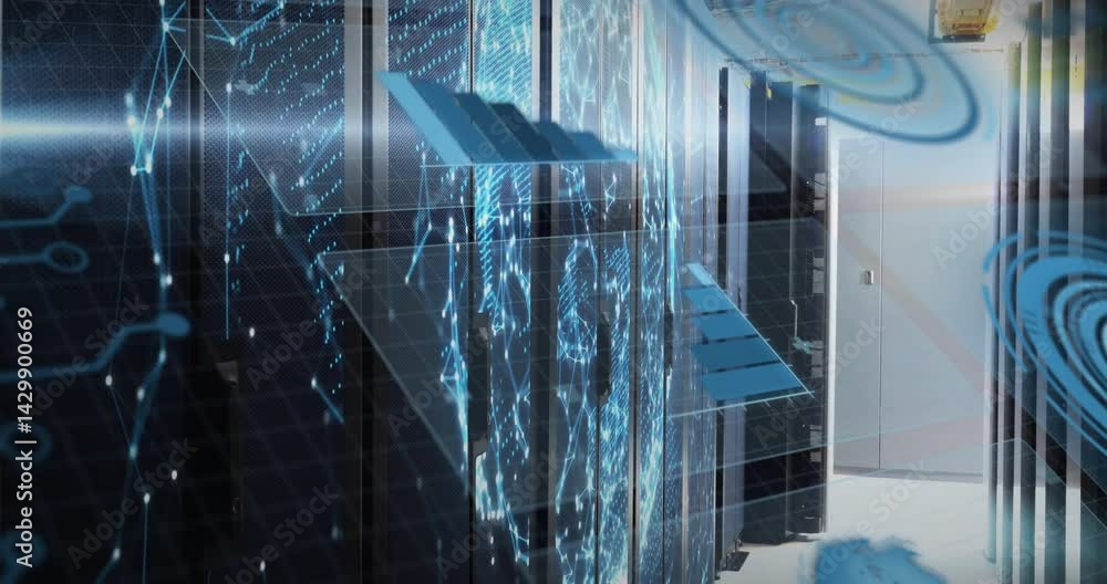Poster black server racks displaying blue holographic network connections in data center, with grid lines