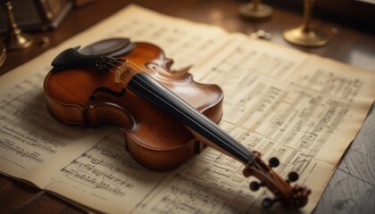Fototapeta premium Violin Resting on Music Sheet for Classical Performance