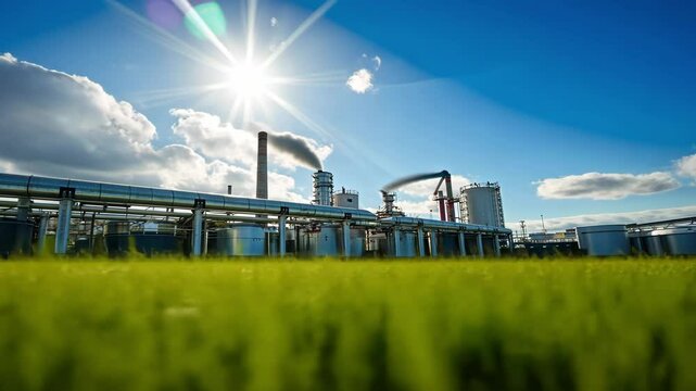 Bright Industrial Landscape with Grass and Blue Sky Depicting Modern Energy Production Facility Under Sunlight and White Cloudy Sky