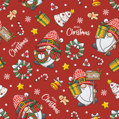 Seamless Pattern Christmas Gnome Santa Claus On Red Background, Cute Cartoon Illustration