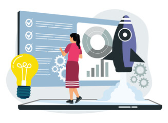 Female entrepreneurs analyze data online and develop ideas.