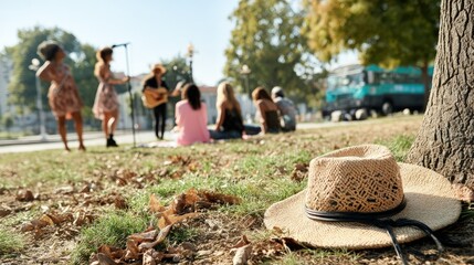 Straw Hat Resting on Grass During Outdoor Concert