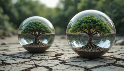 Fragile Ecosystem: Two Miniature Trees Encased in Glass Globes Resting on Dried, Cracked Earth, Symbolizing Environmental Preservation and the Need for Conservation
