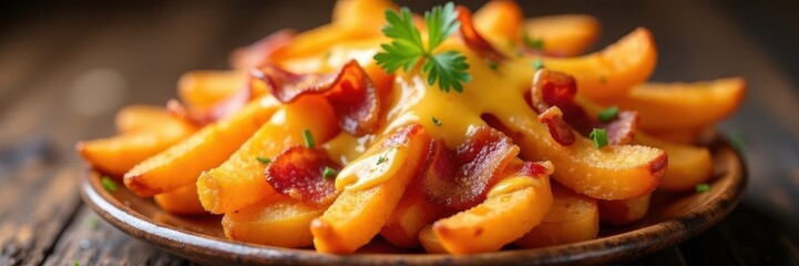 Golden sweet potato fries generously layered with bacon and cheese , comfort food, bacon, top view