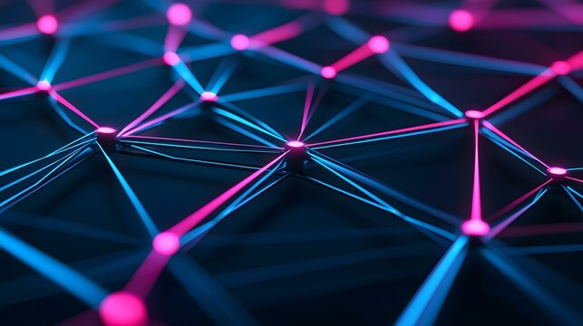 The image contains an abstract representation of a network, depicted as a complex structure of interconnected lines and glowing nodes in shades of blue and pink.
