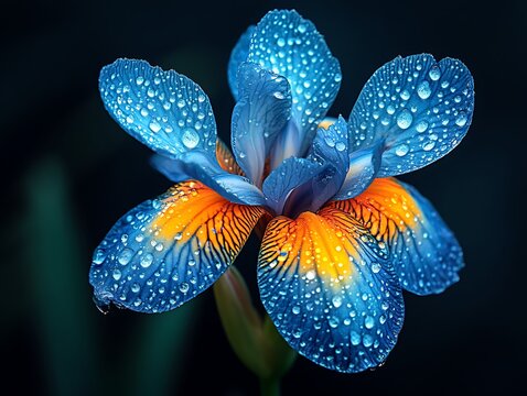 Close-up of a vibrant blue and orange iris flower with water droplets