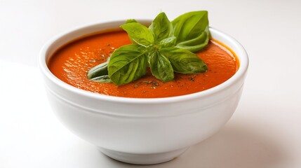 A vibrant bowl of tomato soup, adorned with fresh basil, offers a comforting and flavorful experience, perfect for a cozy meal.