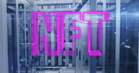 Data center servers humming under neon 5G wireframe overlay, highlighting blue network lines - Powered by Adobe