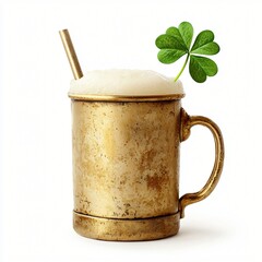 Frothy Beer in Vintage Metal Mug with Shamrock Garnish for St Patrick s Day