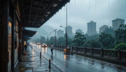 Fototapeta premium Walking on Wet City Street During Rain with Urban View