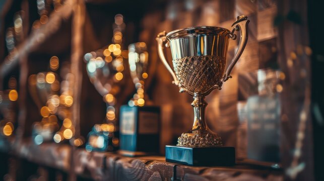 A golden trophy displayed in a trophy case alongside other awards and accolades, reflecting a legacy of excellence and achievement.