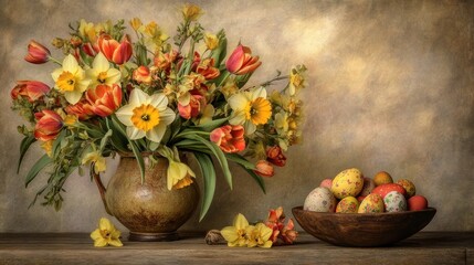 Obraz premium Vibrant spring flowers and eggs in a still life arrangement.