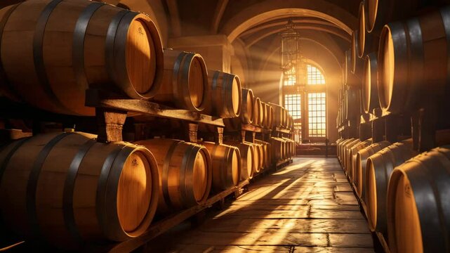 A warm, inviting wine cellar featuring wooden barrels lined in soft evening light, perfect for showcasing vintage and ambiance.