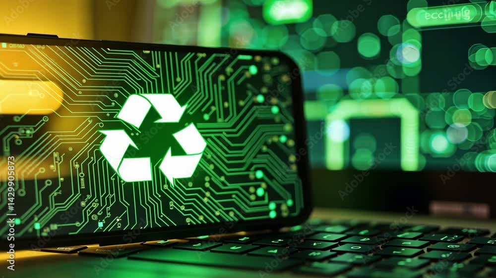 Aufkleber green technology symbol on smartphone display surrounded by circuit patterns representing sustainabl