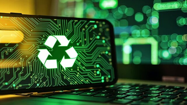 Green Technology Symbol on Smartphone Display Surrounded by Circuit Patterns Representing Sustainable Digital Innovations and Eco-Friendly Solutions