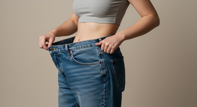 Woman Triumphantly Holding Oversized Jeans Showcasing Weight Loss