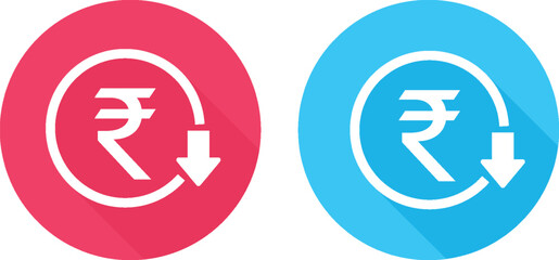 Indian Rupee Symbol Round Icons Displaying in Red and Blue with Long Shadow. Decreasing Rupee Value.