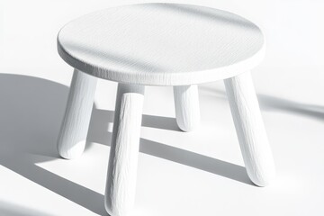 Simple, white wooden stool with four legs, illuminated by sunlight.
