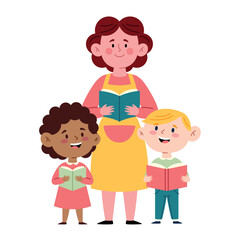 Preschool Teacher With Children Reading Education Book Happy Class