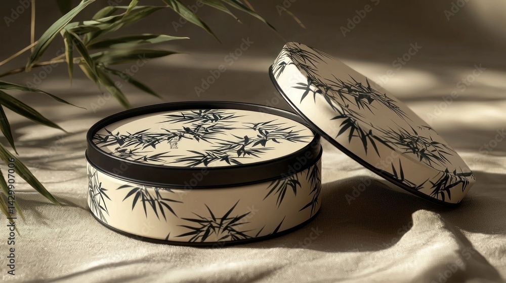 Poster elegant round container with bamboo pattern on soft fabric background
