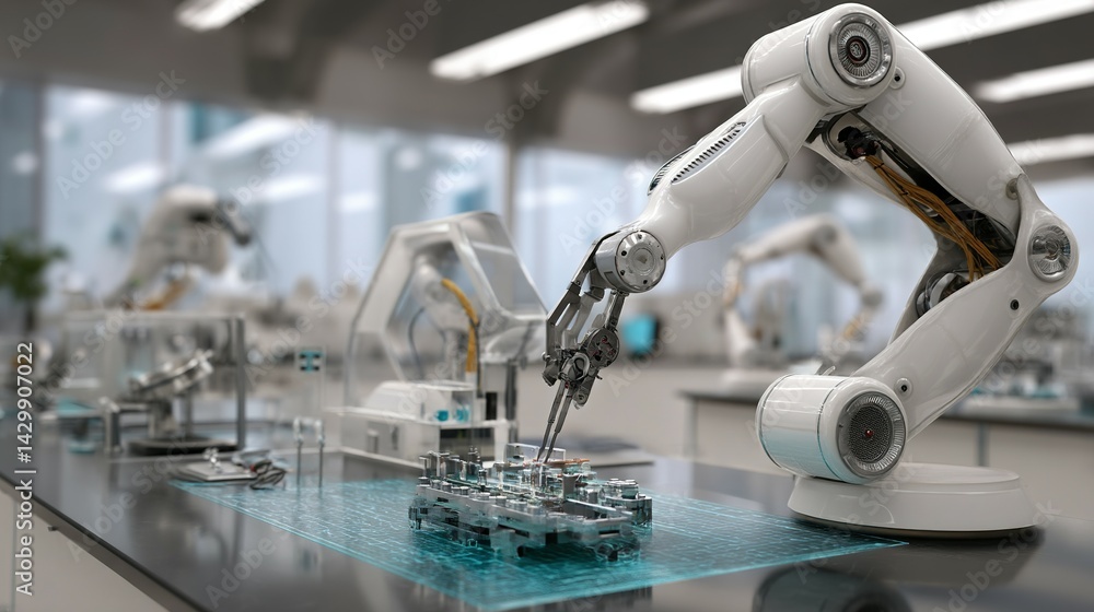 Poster automated robotic arms performing precision tasks in a modern laboratory.