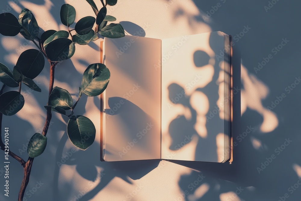 Poster open notebook with sunlit shadows and leafy branch.