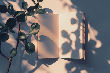 Open notebook with sunlit shadows and leafy branch.