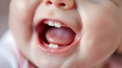 Illustrate a close-up of a baby's mouth with their first tooth peeking through the gums, capturing the excitement of their first tooth eruption.