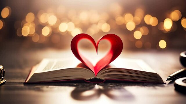 A romantic book with a heart-shaped page, symbolizing love and passion with a blurred background of warm lights.