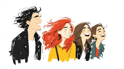 Happy Diverse Friends Laughing  Joyful Group Portrait Illustration