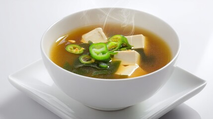 A hot bowl of broth-based soup, steam rising, tofu squares, jalapenos, seaweed, served in a white bowl, on a white tray, minimalistic style.