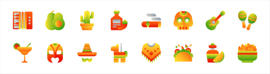 Set of cinco de mayo icons. 16 sets of cinco de mayo icons. Cinco de mayo icons. Simple color cinco de mayo icons	
