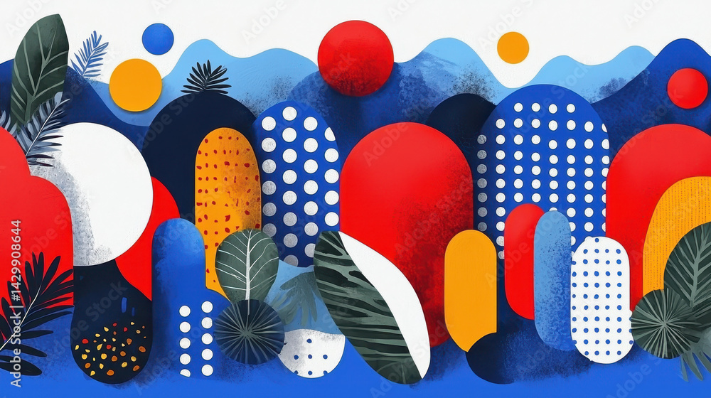 Poster vibrant abstract geometric design with colorful circles and shapes on a blue background for modern c