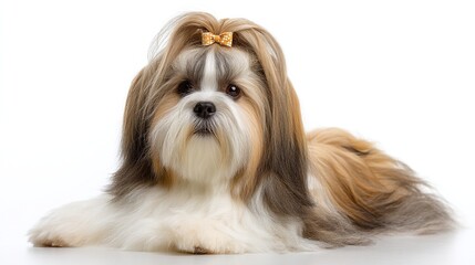 A charming Shih Tzu is resting. The dog's soft, silky coat is a mix of white, tan, and brown, and it has a decorative hair clip.