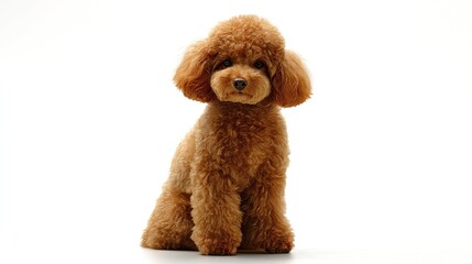 Adorable brown coated dog with well-groomed fur and friendly expression, sitting attentively on a pristine white backdrop